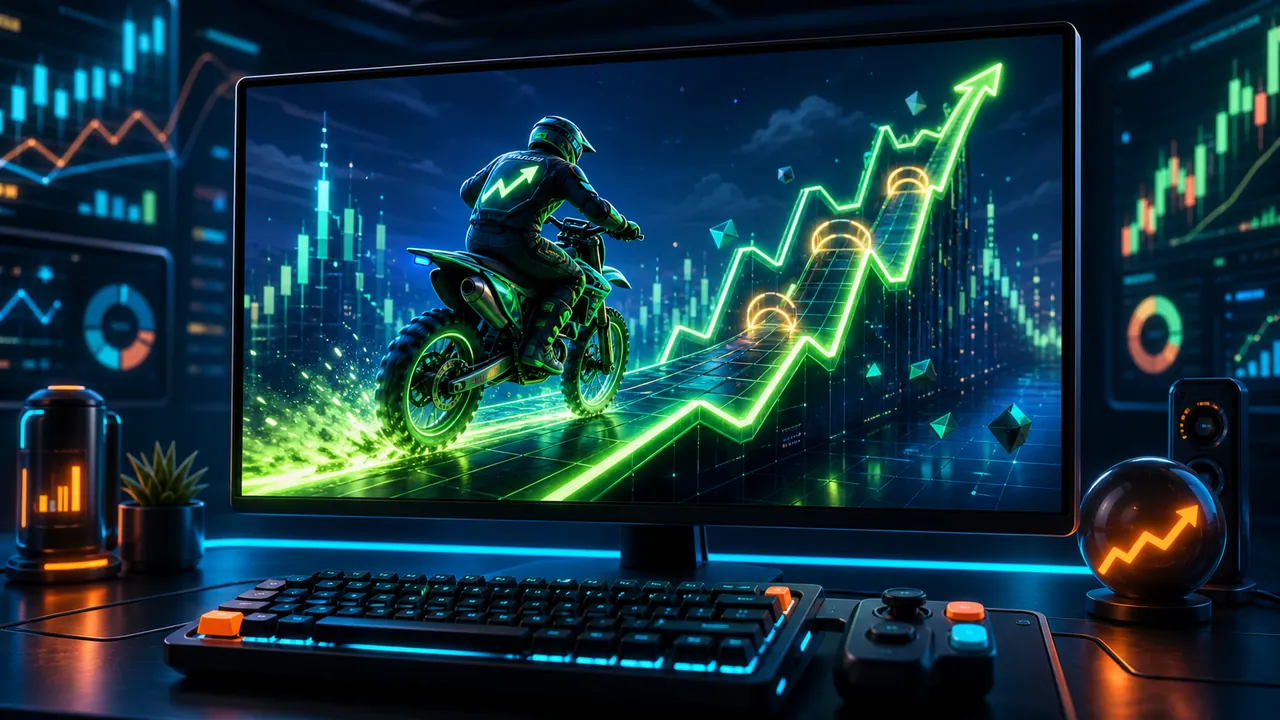 Stonk Rider running on a desktop monitor with a neon stock chart track
