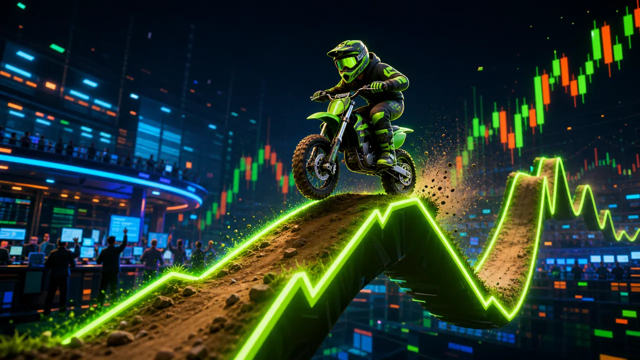 A Stonk Rider motocross racer jumping across a glowing stock chart track