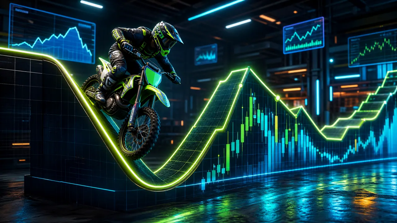 A Stonk Rider racer leaning into a steep glowing chart-track dip